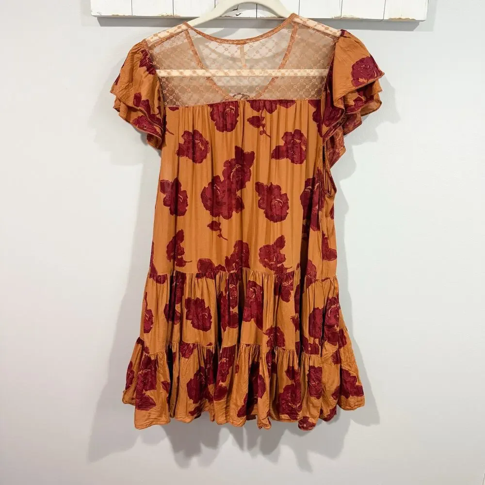 Free People Tilly Tunic Mini Dress Medium Floral Lace Fall Boho EUC
